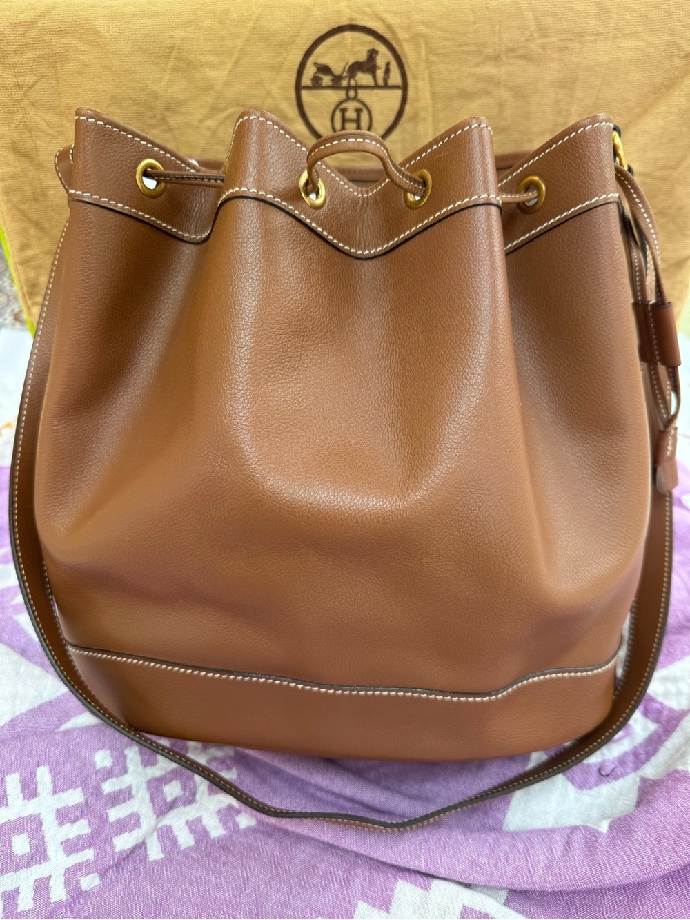 Hermes Brown Leather Drawstring Bucket Handbag - Courchevel